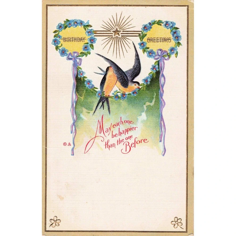 Vintage 1912 Embossed Birthday Postcard Birds Flowers Postmarked Farina IL VG